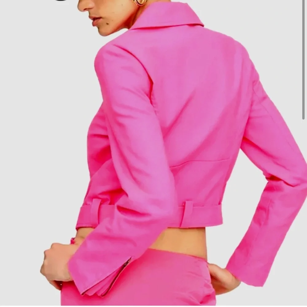 DOLAN for Anthropologie Cropped Linen Slim Moto Jacket in‎ Hot Pink.